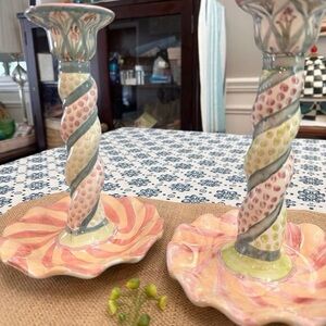Mackenzie-Childs set of 2 Bearded Iris swirling hand painted candlesticks 1995